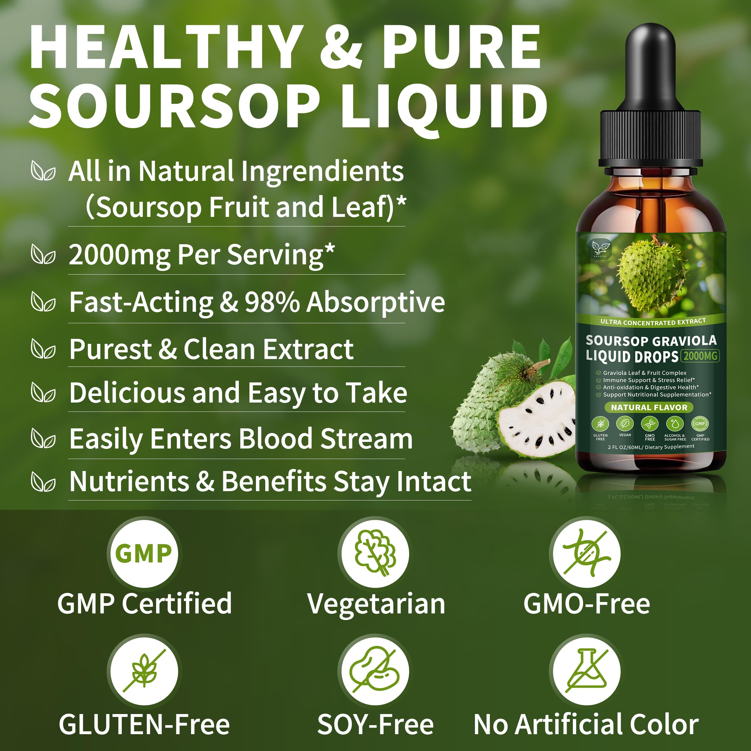 Soursop Graviola Liquid Drops 2000mg, Organic Soursop Extract - 98% Absorption Soursop Bitters Liquid for Cell Support & Regeneration and Immune Boost, Sugar/Gluten Free, Natural Flavor, 2 Fl Oz