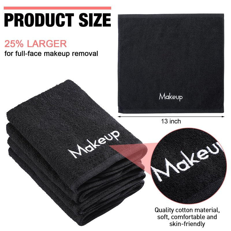 Chumia 18 Pcs Makeup Remover Cloths 13 x 13 Inch Makeup Towel Face Washcloths with Embroidery Black Reusable Washcloths Soft Cleansing Face Towel for Women