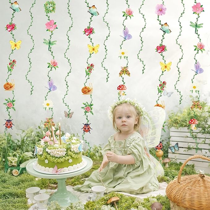 Garden Party Decorations Garland, Ready to Hang Wildflower Party Decorations with Double Sided Flowers Butterflies and Green Vines for Fairy Forest Baby Shower Birthday Tea Party