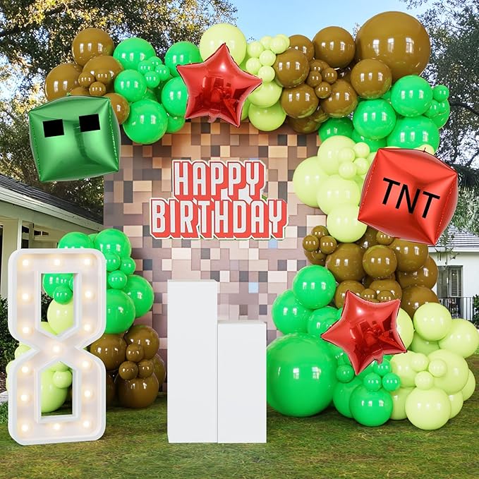 130Pcs Green Balloon Arch Garland Kit with Lime Green Brown Square Star Foil Balloons for Gaming Theme Party Decor, Birthday Party Supplies, Kids' Party Crafts and Decorations