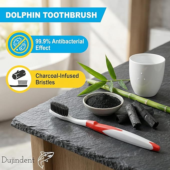 Dolphin Charcoal Toothbrush Extra Soft Bristle Manual Soft Long Flossing, Ultra Clean Toothbrush, Good for Sensitive Teeth and Gums (Yellow, Charcoal 4 Packs)