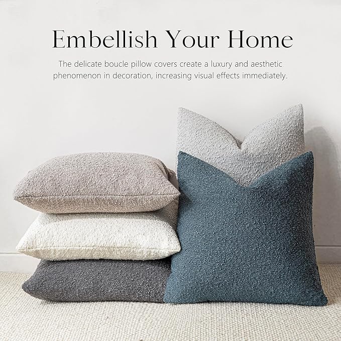 Foindtower Pack of 2, Decorative Textured Boucle Throw Pillow Covers Accent Solid Pillow Cases Cozy Soft Couch Cushion Case for Chair Sofa Bedroom Living Room Home Decor 22 x 22 Inch Blue