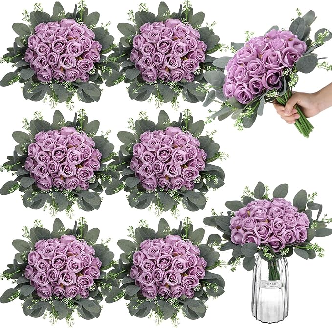 Zeyune 12 Bunches Wedding Bridesmaids Bouquets 144 Heads 7 Inch Artificial Rose Bouquets Silk Fake Flower Bulk with Stems for Valentine's Day Wedding Bridal Shower Home Party Decor(Purple)