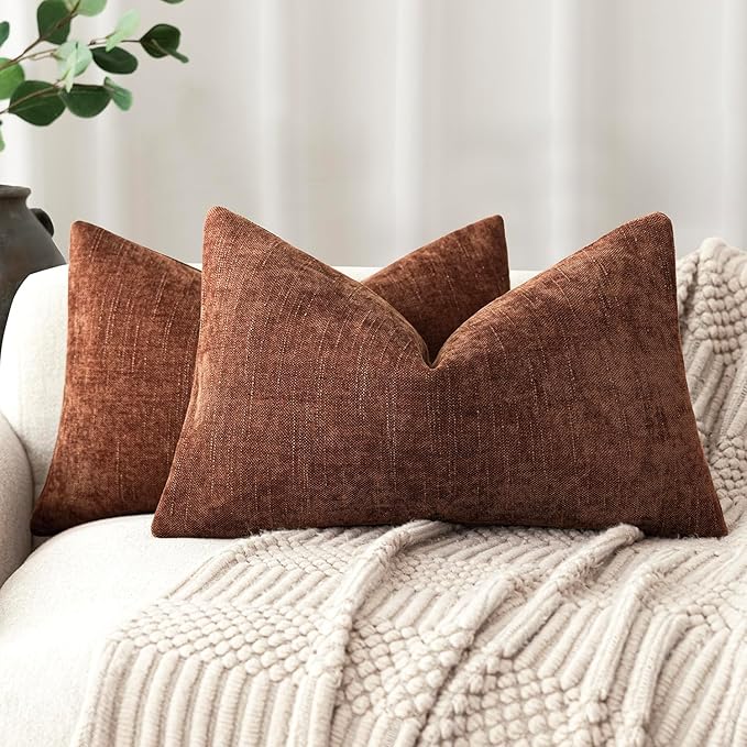 Foindtower Pack of 2 Textured Chenille Throw Decorative Pillow Covers Square Accent Solid Cushion Cover Neutral Farmhouse Lumbar Pillow Case for Couch Sofa Bedroom Living Room 12x20 Inch,Red Taupe