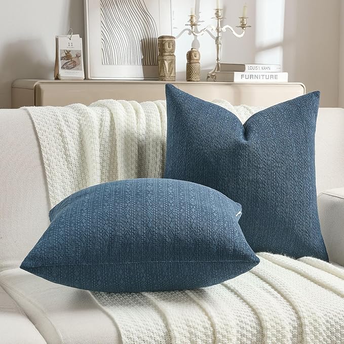FUTEI Navy Blue Chenille Throw Pillow Covers 20x20 Inch Set of 2,Soft Striped & Diamond Textured Cushion Cases,Modern Home Decor for Couch Living Room