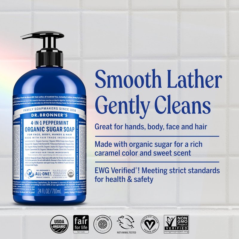 Dr. Bronner's - Organic Sugar Soap (Peppermint, 24 Ounce) - Made with Organic Oils, Sugar & Shikakai Powder, 4-in-1 Uses: Hands, Body, Face & Hair, Cleanses, Moisturizes & Nourishes, Vegan