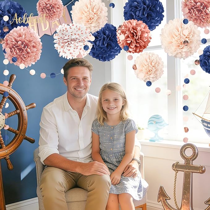 AOBKIAT Rose Gold and Navy Blue Party Decorations Set,Tissue Paper Pom Poms,Paper Garland for Women Engagement Anniversary,30th,40th,50th,60th,Birthday Party Supplies