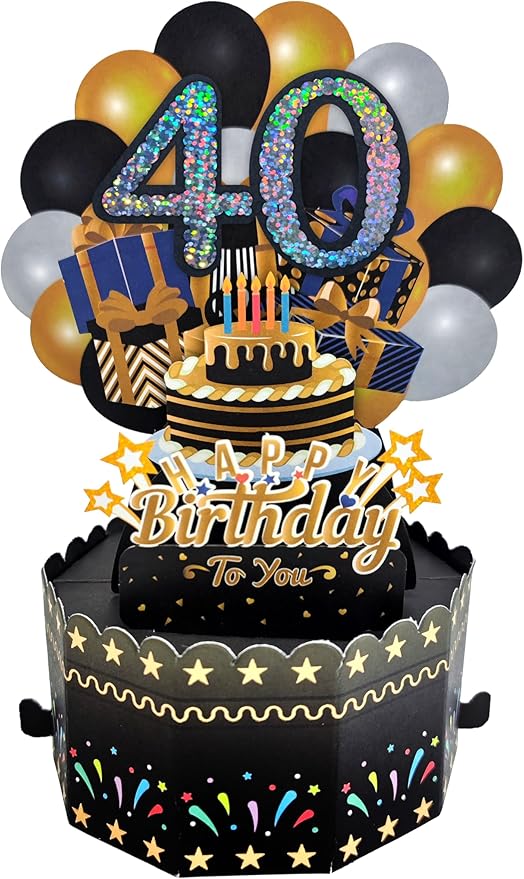40th Birthday Cards 3D Popup Birthday Greeting Cards - Birthday Greeting Card for Men and Women, Mom and Dad with Blank Note and Envelope Included (Black Gold)