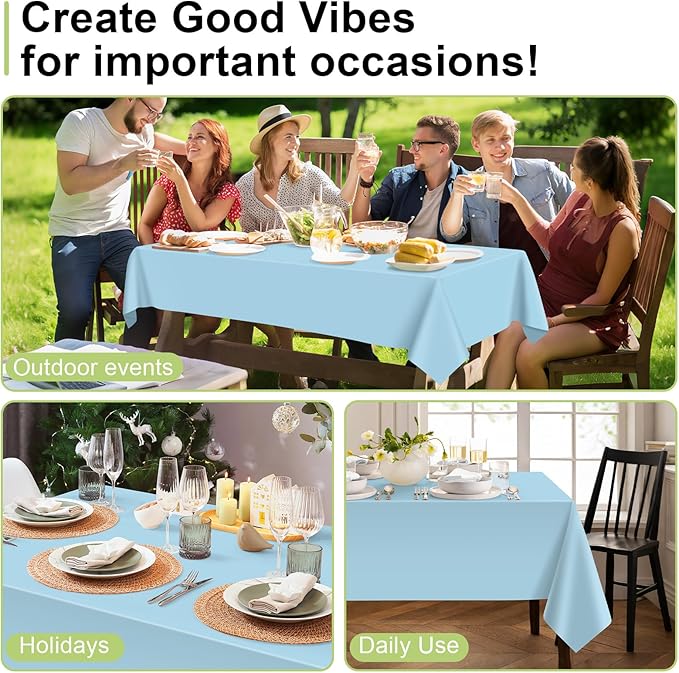 QIKSION Light Blue Plastic Table Cloth Disposable 12 Pack, 54 x 108 Inch Tablecloths for Baby Shower Birthday Party, Easter Decorations, Rectangle Table Cover