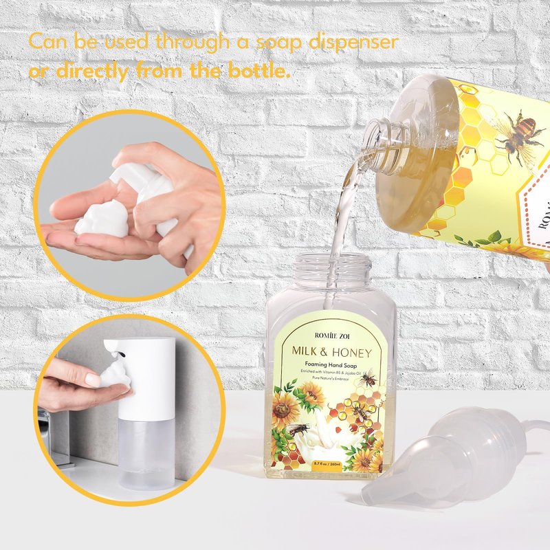 ROMIIE ZOI Foaming Hand Soap Refill Gift Set – Honey & Milk Scent – 3 Pack (1000ML Each) with Dispenser – Gentle & Moisturizing Plant-Based Formula – Bulk Refill Bottles for Bathroom & Kitchen Use