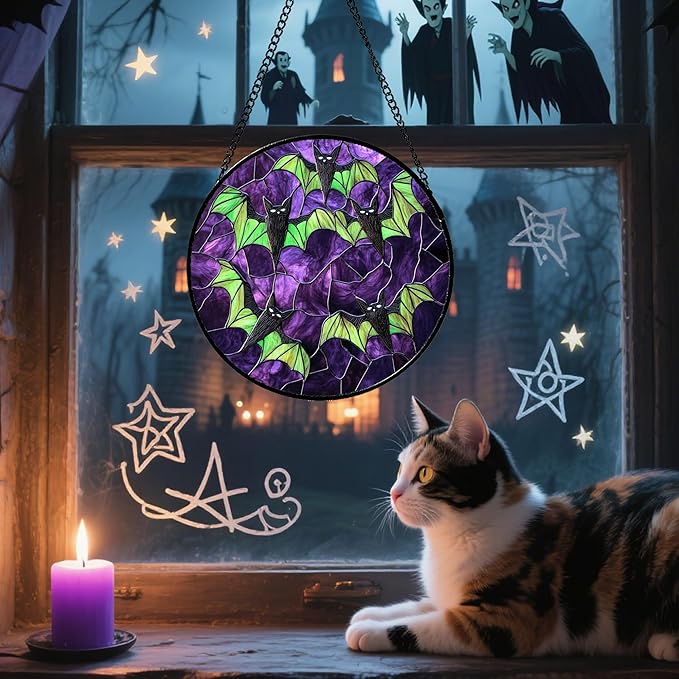 Stained Glass Window Hanging - Halloween Decorations Black Bat with Green Wings Suncatcher for Doors Garden Indoor Spooky Sun Catchers Gothic Decor Horror Gifts for Women Men Friend 7.8 in