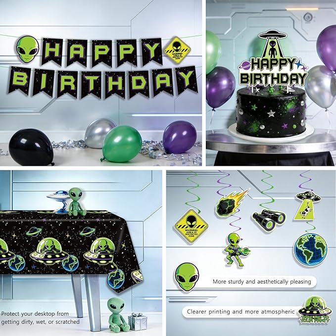 220 Pcs Alien Birthday Party Decorations Tableware Set - Service 25 Guests - Includes Banner, Cake Topper, Balloons, Plates And Napkins Paper Cup - For UFO Theme Party