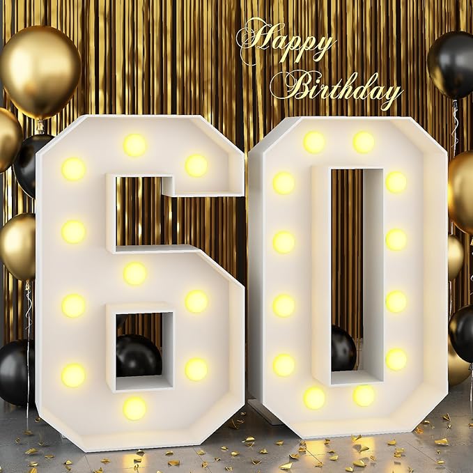 4ft Light Up Numbers 60 Numbers with Lights Bulbs White Slot-in Marquee Frame for Men Women 60th Birthday Party Decorations Pre-Cut Mosaic Cardboard Large Cut-Out Thick Foam Board Sign Anniversary