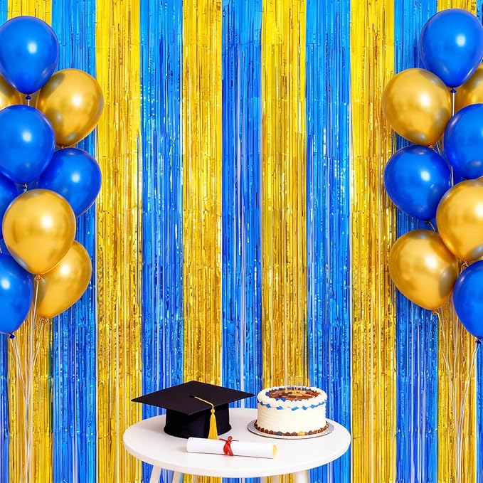 jijAcraft 3 Pack Blue Gold Tinsel Foil Fringe Curtain, Graduation Party Photo Backdrop, Metallic Blue Gold Foil Streamers for Graduation Prom School Decor Boy Birthday Office Party Decorations