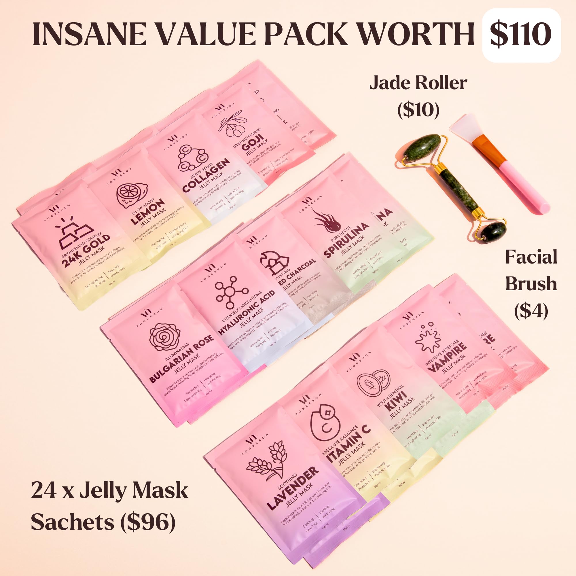 Jelly Mask for Facials - 24 Flavors Hydrating & Brightening Jelly Face Masks | Free Jade Roller & Spatula | Bulgarian Rose, Lavender, Hyaluronic Acid, 24K Gold face mask skin care |Vajacial Jelly Mask