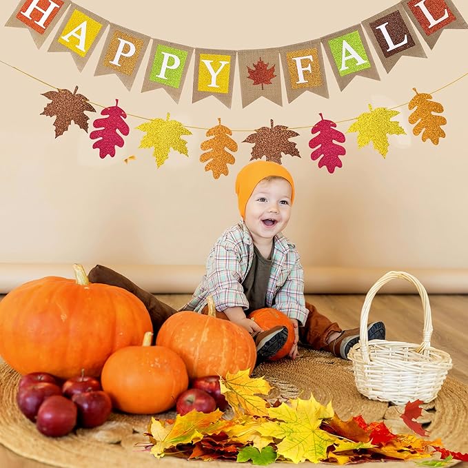 Happy Fall Burlap Banner Glitter Maple Leaf Paper Banner Pre-Assembled Rustic Bunting Garland Hanging Decorations for Autumn Harvest Thanksgiving Home Office School Party Supplie