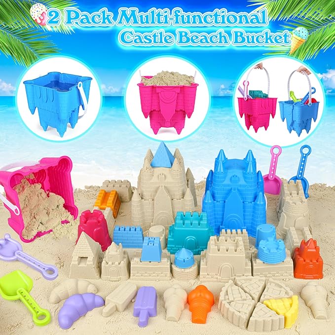FUSPWEAO Beach Toys Sand Toys for Kids, Sand Castle Toys for Beach with 2 Castle Bucket and Mesh Bag, Sand Molds, Shovels and Rakes, Sandbox Toys for Toddlers, Travel Beach Toys for Kids 3-10