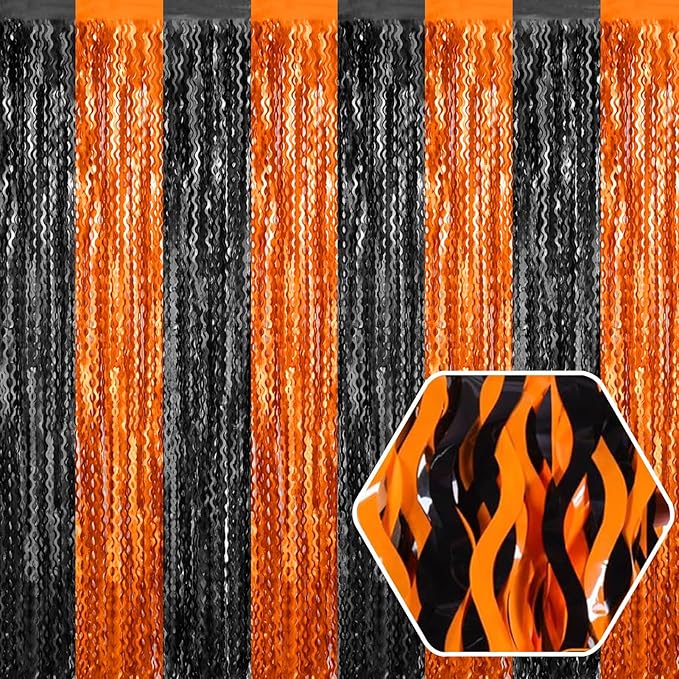 4 Pack Black Orange Wave Foil Fringe Curtain Backdrop, 3.28Ft x 8.2Ft Metallic Tinsel Foil Fringe Streamer Curtains for Photo Booth, Mother's Day, Easter, Birthday, Wedding Party Decoration