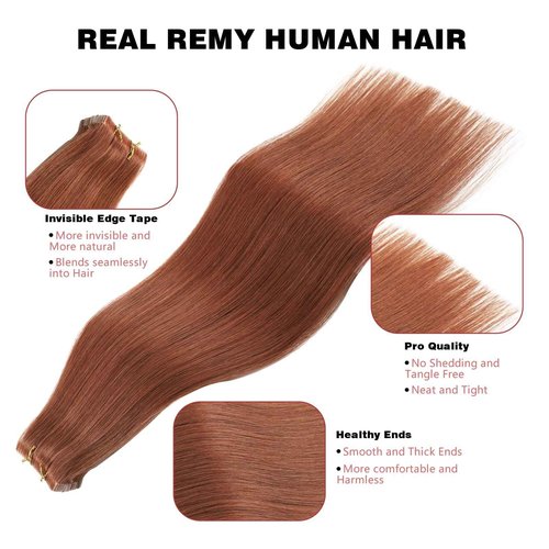 ABH AMAZINGBEAUTY HAIR Invisi Edge Tape in Hair Extensions Real Human Hair, Seamless Injected Hand-Tied Virgin Human Hair Pro Quality Tape ins 20PCS 50G/Pack, Auburn Color #30 18 Inch