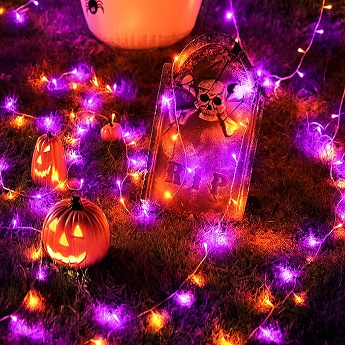 70 ft Purple-Orange LED String Lights – 210 LEDs on Transparent Wire, Waterproof & Connectable Holiday Décor – Spooky Halloween & Warm Christmas Ambiance