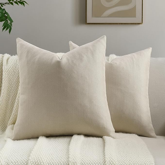 FUTEI Beige Chenille Throw Pillow Covers 20x20 Inch Set of 2,Soft Wide Chevron Textured Cushion Case,Farmhouse Home Decor for Couch Bed Living Room