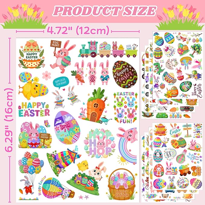 160PCS Easter Day Temporary Tattoos Stickers | Spring Easter Day Party Favors Basket Stuffers Party Supplies Holiday Decorations Eggs Bunny Flower Craft Gift Idea For Kids Boy Girl Teen Adult-8Sheets