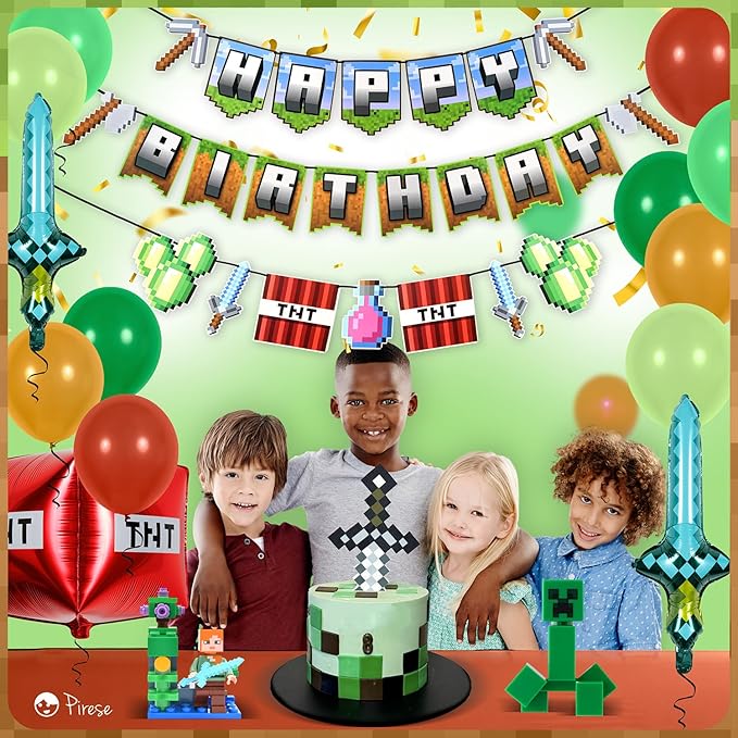 Pirese Pixel Birthday Decorations – Pixel Happy Birthday Banner with Balloons, Pre-Strung Retro Video Game Birthday Party Supplies Kit