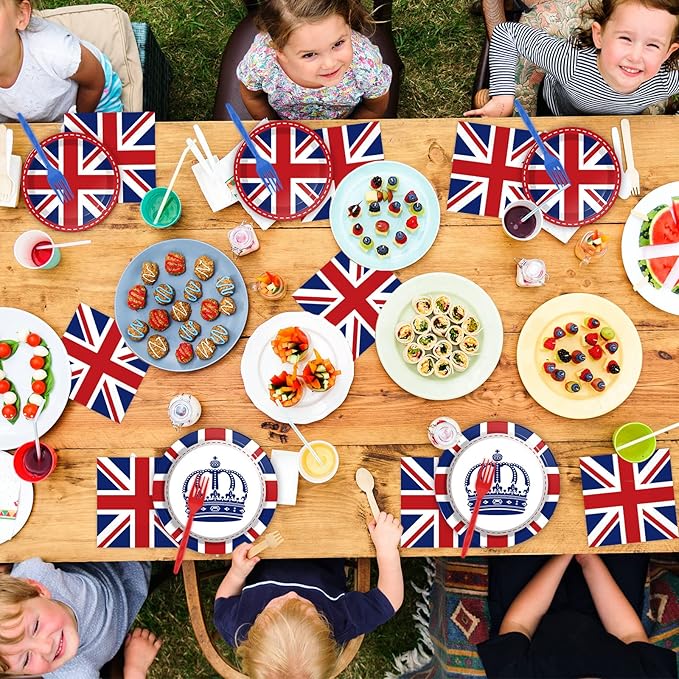 chiazllta 96 Pcs Britain UK England Flag Birthday Party Paper Plate and Napkins British Flag Party Supplies Tableware Union Jack Party Decorations Paper Plate Napkin Fork for Party Favors 24 Guests
