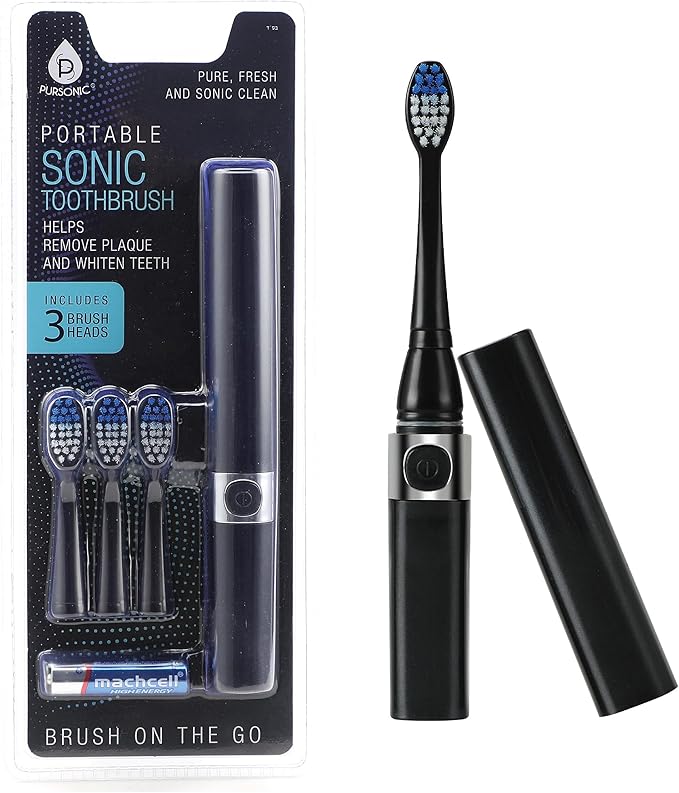 Pursonic Portable Sonic Toothbrush Battery Operated, Battery Included, 3 Brush Heads Included, 22,000 Strokes Per Minute, Brush On The Go