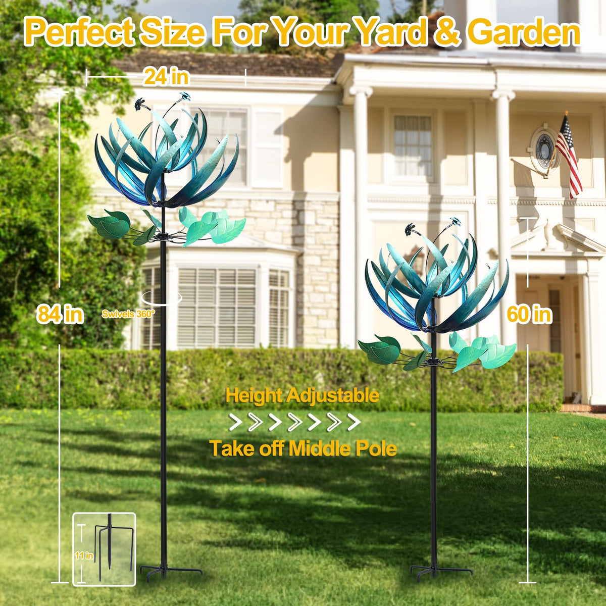 LimeHill Wind Spinner for Yard and Garden - Large Metal Windspinners for Outdoor Decorations (Blue Lotus (24 X 84 Inches))