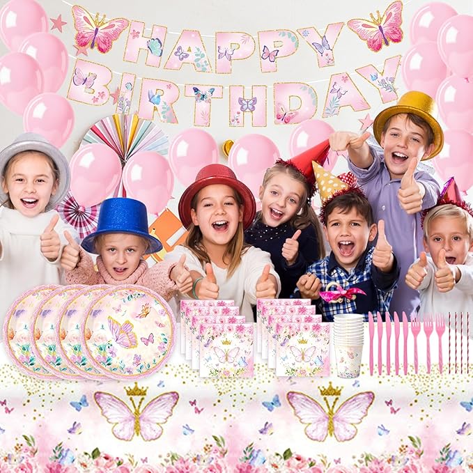 Pink Butterfly Birthday Party Supplies Tableware Sets,Includes Disposable Plates, Napkins, Cups,Straws,Cutlery, Balloons, Banner, and Tablecloth for Party Baby Shower Birthday Decorations,Serves 20