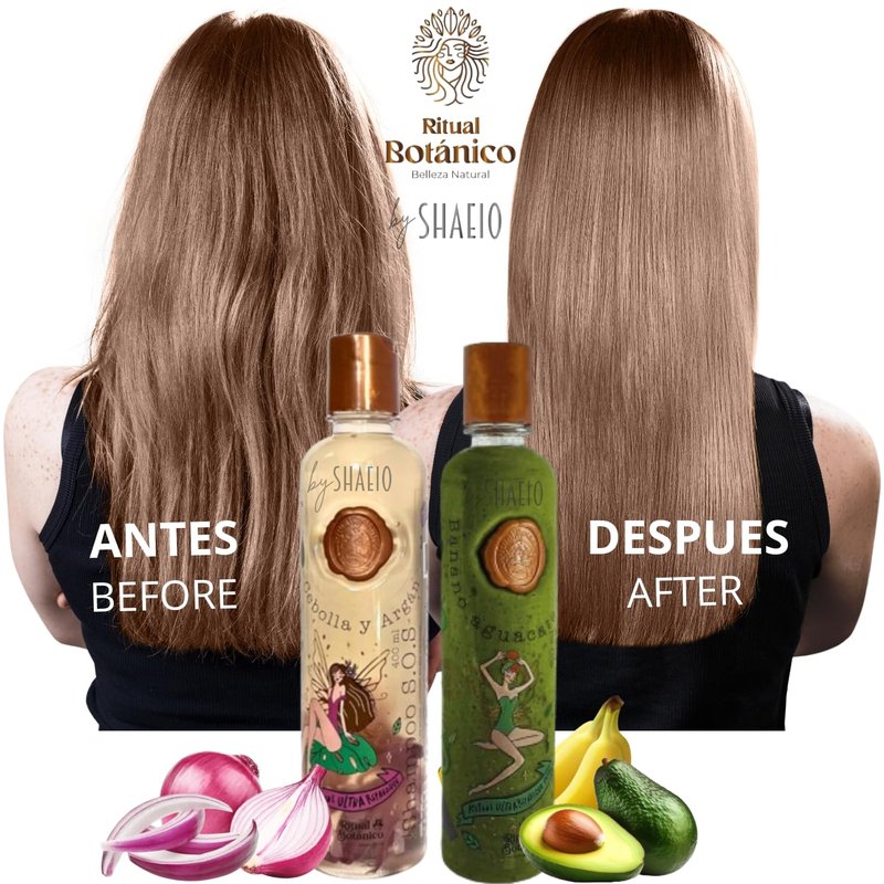 RITUALBOTANICO | KIT Ultraparador y Acelerador de Crecimiento S.O.S: Shampoo de Cebolla y Argàn + Tratamiento Intensivo PLEX con Banano y Aguacate 100% Colombiano.
