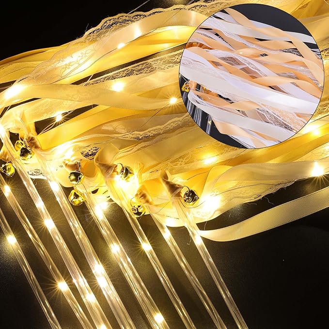 100 Pcs Wedding Wands Ribbon Streamers with 3 Colorful Flashing Modes, Light up LED Silk Fairy Wands, Glow Lace Stick with Bells for Wedding Reception, Graduation, New Year, Birthday Party (Champagne)
