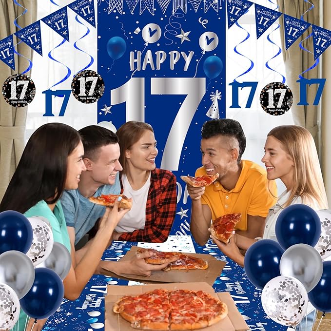 17th Birthday Decorations for Boys Girls, Blue Silver Happy 17th Birthday Party Decorations Supplies - 17th Birthday Backdrop Banner Tablecloth Triangle Flag Balloons for 17 Year Old Boy Party Decor