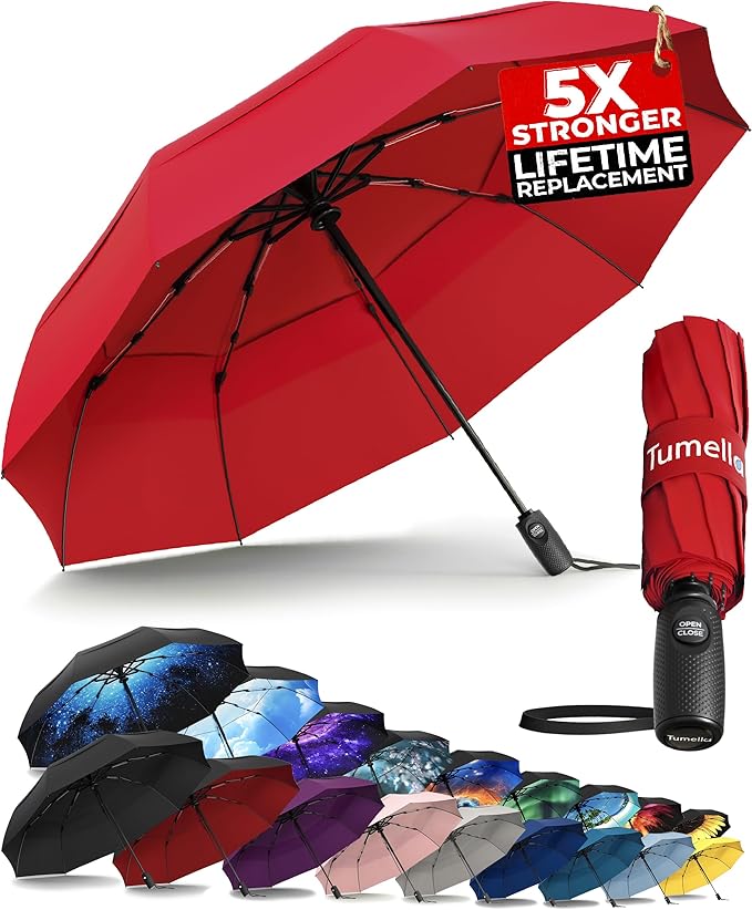 TUMELLA Strongest Windproof Travel Umbrella (Compact, Superior & Beautiful), Small Strong but Light Portable and Automatic Folding Rain Umbrella, Durable Premium Grip, Fits Car & Backpack