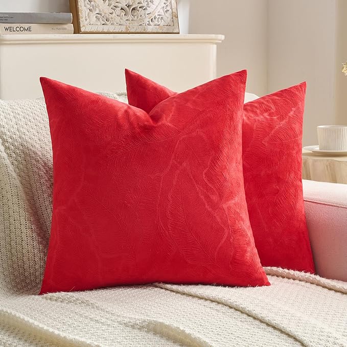 FUTEI Christmas Red Velvet Throw Pillow Covers 22x22 Inch Set of 2,Soft Embossed Leaf-Relief Textured Cushion Cases,Natural Home Decor for Couch Living Room