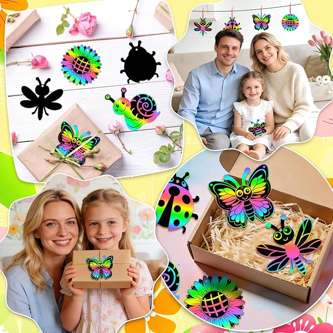 JULMELON 36 Pcs Spring Bugs Scratch Cards, Flower Rainbow Magic Color Art Crafts Kit with 12 Bamboo Stylus and 36 Ribbon for Kids School Classroom DIY Spring Crafts Art Project