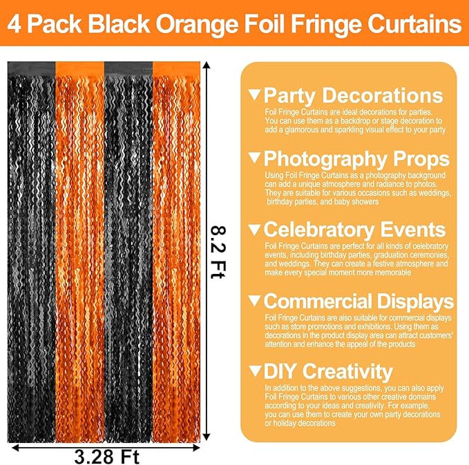 4 Pack Black Orange Wave Foil Fringe Curtain Backdrop, 3.28Ft x 8.2Ft Metallic Tinsel Foil Fringe Streamer Curtains for Photo Booth, Mother's Day, Easter, Birthday, Wedding Party Decoration
