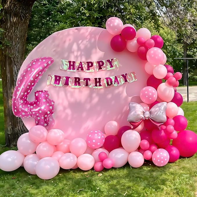 Pink 4th Birthday Balloons Decorations, Hot Pink Rose Polka Dots Balloon Arch Kit, Huge Bow Foil Balloons, pink Number 4 Balloon Tower for Baby Shower Girls Princess 4th Theme Party