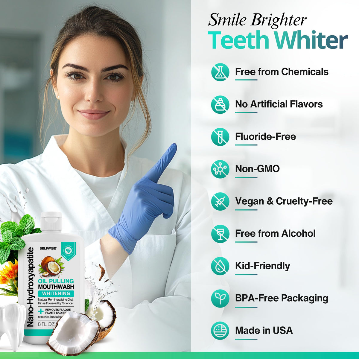 Nano-Hydroxyapatite Oil Pulling Whitening Mouthwash for Teeth and Gums, Natural & Organic, Whitens Teeth, Strengthens Enamel, Fights Bad Breath & Plaque – Smooth & Non-Greasy – for Adults & Kids 8oz