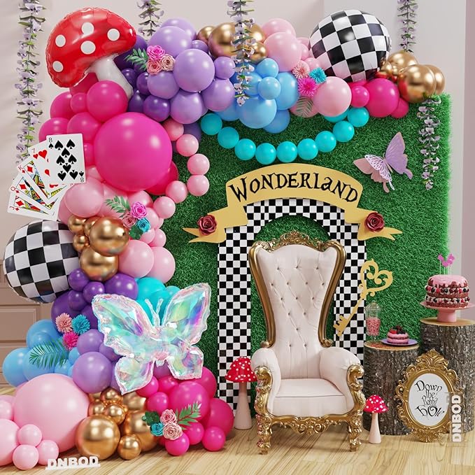 Fairy Wonderland Balloon Arch Kit,163Pcs Purple Hot Pink Balloon Garland with Iridescent Butterfly,Mushroom,Chessboard Foil Balloons for Alice Princess Birthday Onederland Garden Tea Party Decorations