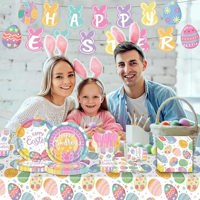 52 Pcs Easter Party Supplies Easter Party Decoration with Happy Easter Banner Bunny Dinnerware Tablecloth Disposable Paper Plates Napkins Colorful Eggs Cups Easter Spring Holiday Party Decoration