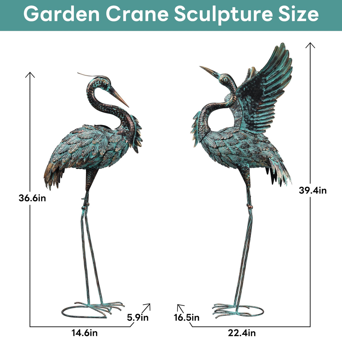 Large Garden Statues Set of 2, Metal Crane Sculptures, Bronze Heron Outdoor