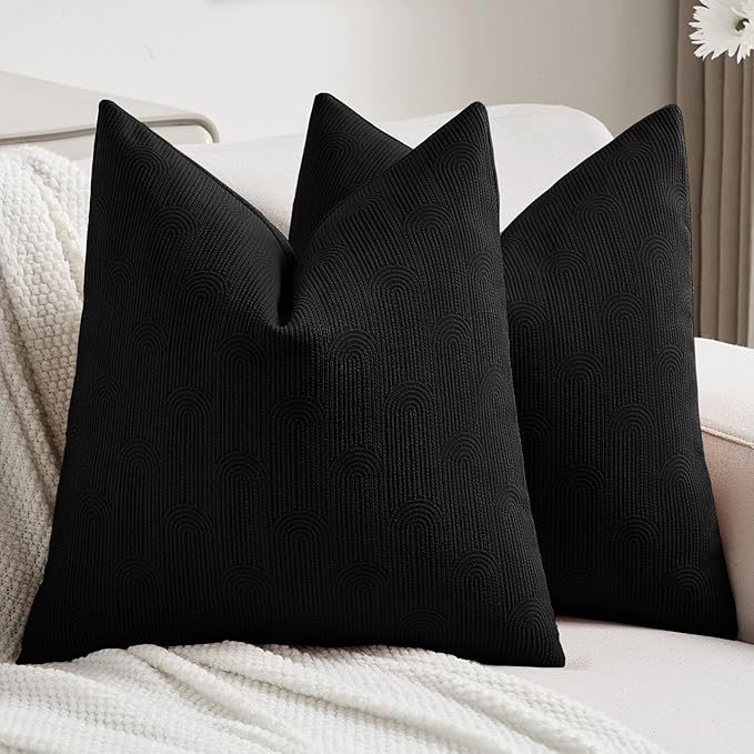 FUTEI Black Chenille Decorative Throw Pillow Covers 26x26 Inch Set of 2,Soft Cozy Striped Geometric Patterns Euro Pillow Shams,Modern Home Decor for Couch Bed Living Room