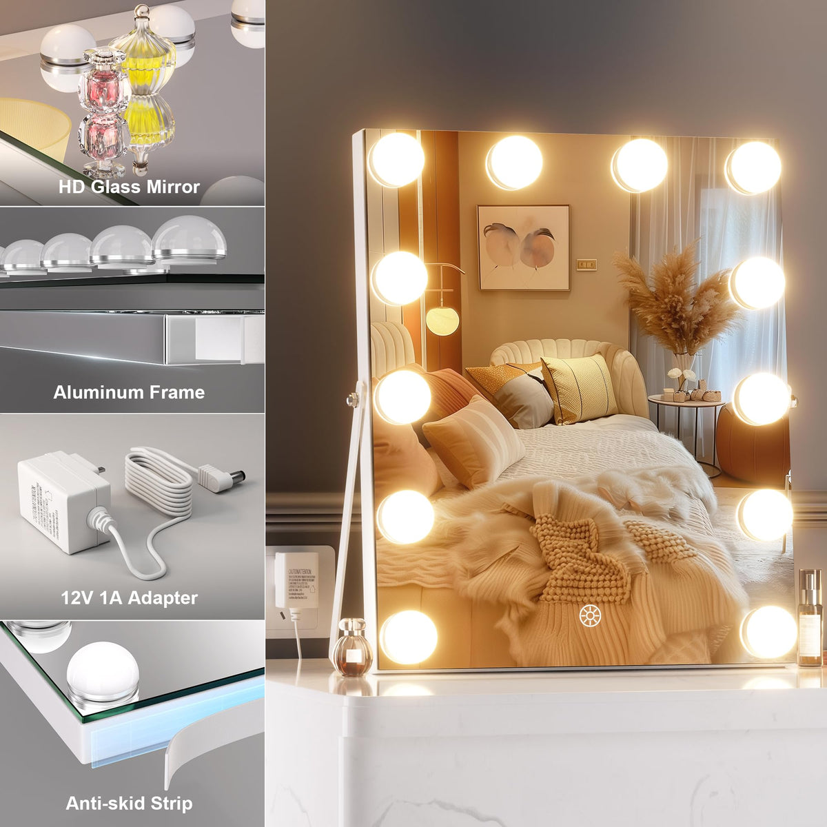 Hasipu Vanity Mirror with Lights - 11" x14”Hollywood Makeup Mirror with 11 Dimmable LED Bulbs, 10X Magnification, 3 Color Modes, Touch Control & USB Port, 360° Rotation