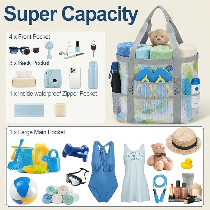 Mesh Beach Bags for Family - Women Beach Tote Bag for Toys, Towels, Travel Vacation Cruise Essentials