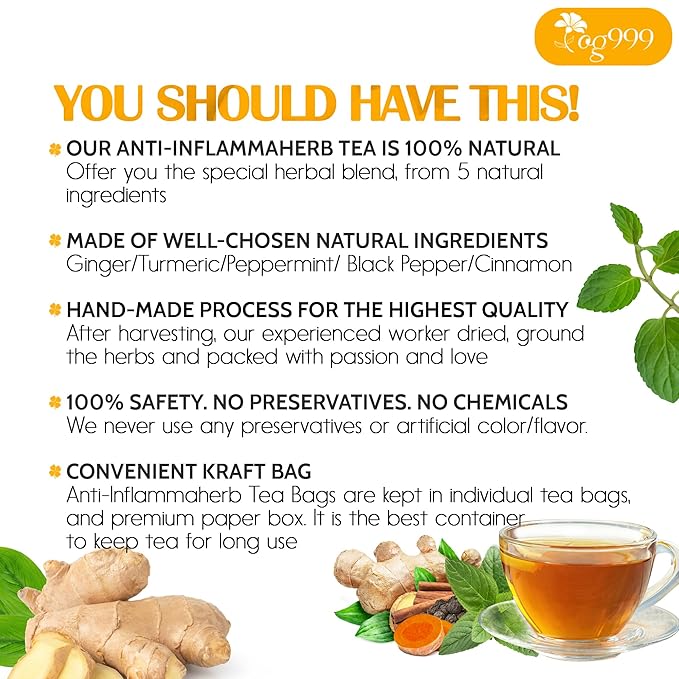 20 Tea Bags - Anti-Inflammaherb Loose Leaf Tea, 100% Natural from Ginger, Turmeric, Peppermint, Black Pepper, Cinnamon. No Sugar, No Caffeine, No Gluten, Vegan