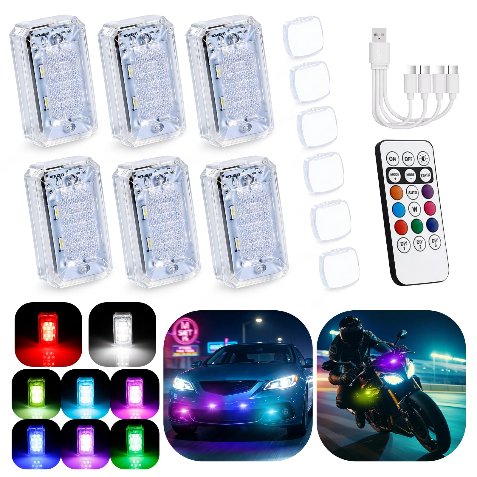 1797 Upgraded 11-LED Wireless Strobe Lights with Remote, Mini RGB Ambient Lighting for Car Exterior & Interior, USB-C 500 mAh Re