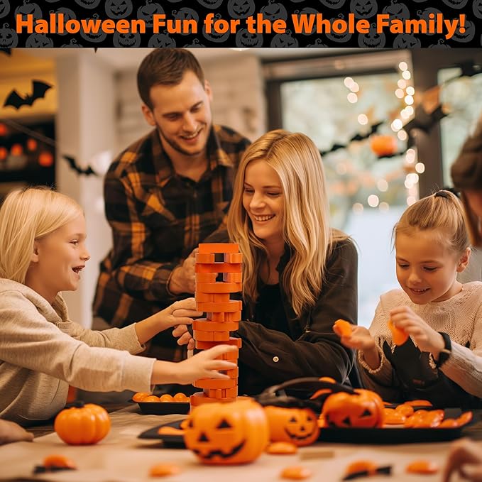 Funwares Stack 'O Lantern Pumpkin Stack-Up Wooden Blocks Stacking Game, Tumbling Tower, Family & Party Fun, Kids and Adults, Holiday Decoration, Ages 6+