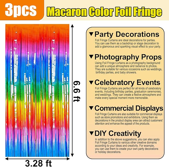 3 Pack Dark Rainbow Foil Fringe Curtain Backdrop, 3.28Ft x 6.6Ft Metallic Tinsel Foil Fringe Streamer Curtains for Photo Booth, Christmas Day, Thanksgiving, Wedding, New Year Party Decorations